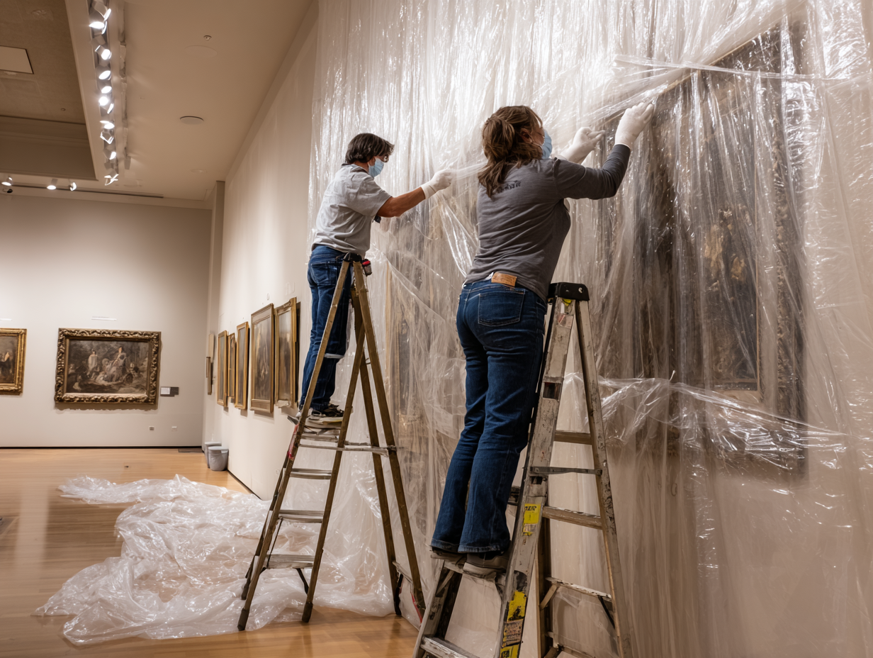 Workers on ladders installing acoustic treatment in a museum gallery